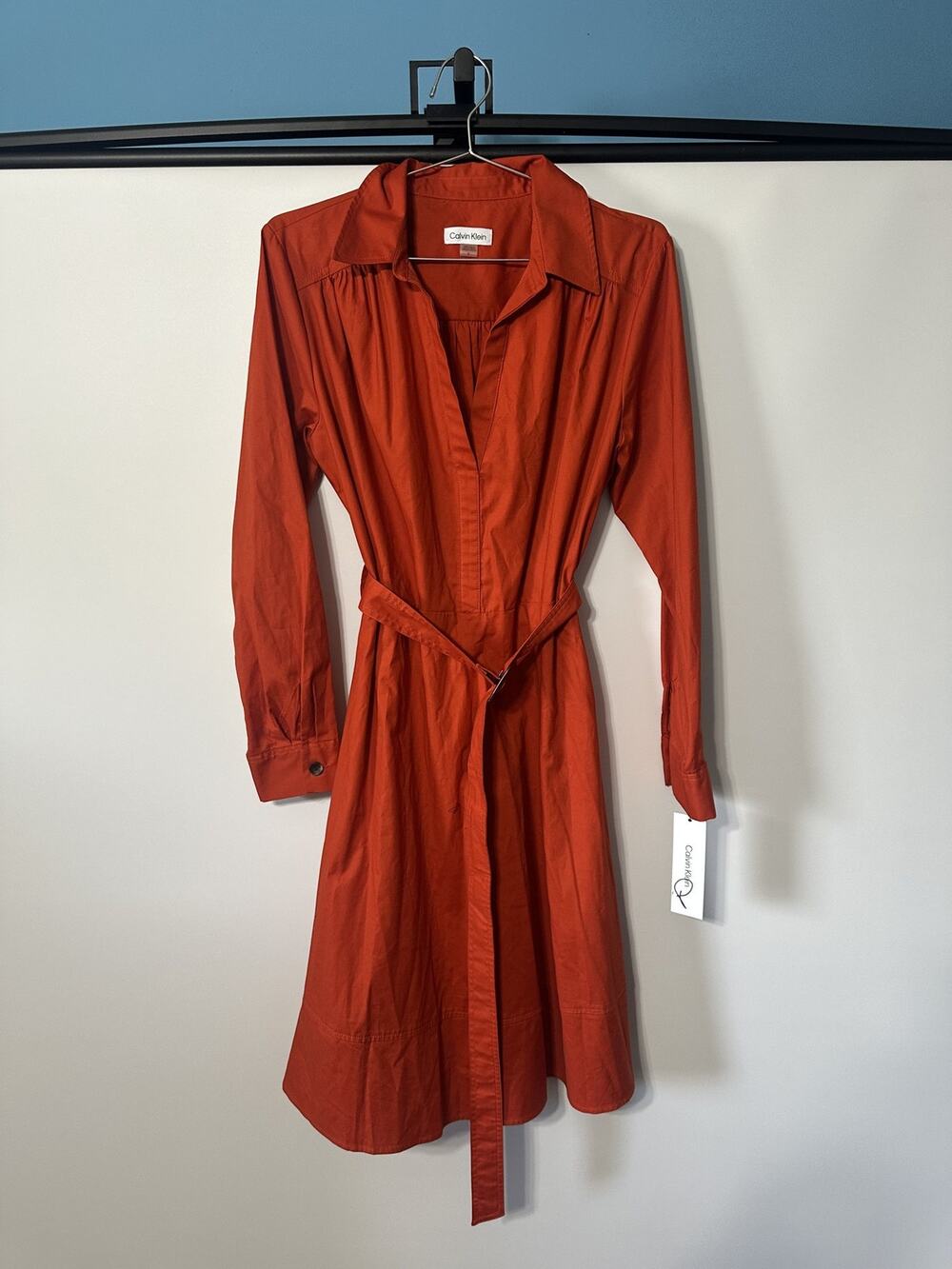 Calvin Klein Rust Orange Belted Shirt Dress Size 10 Long Sleeve NWT